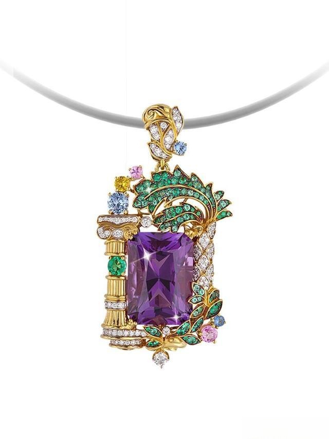 GEVORGIAN crystal and gold pendant, with purple and green tones softened by red or yellow accents to unify the color scheme, illustrating the Chinese Color Proverbs principle.
