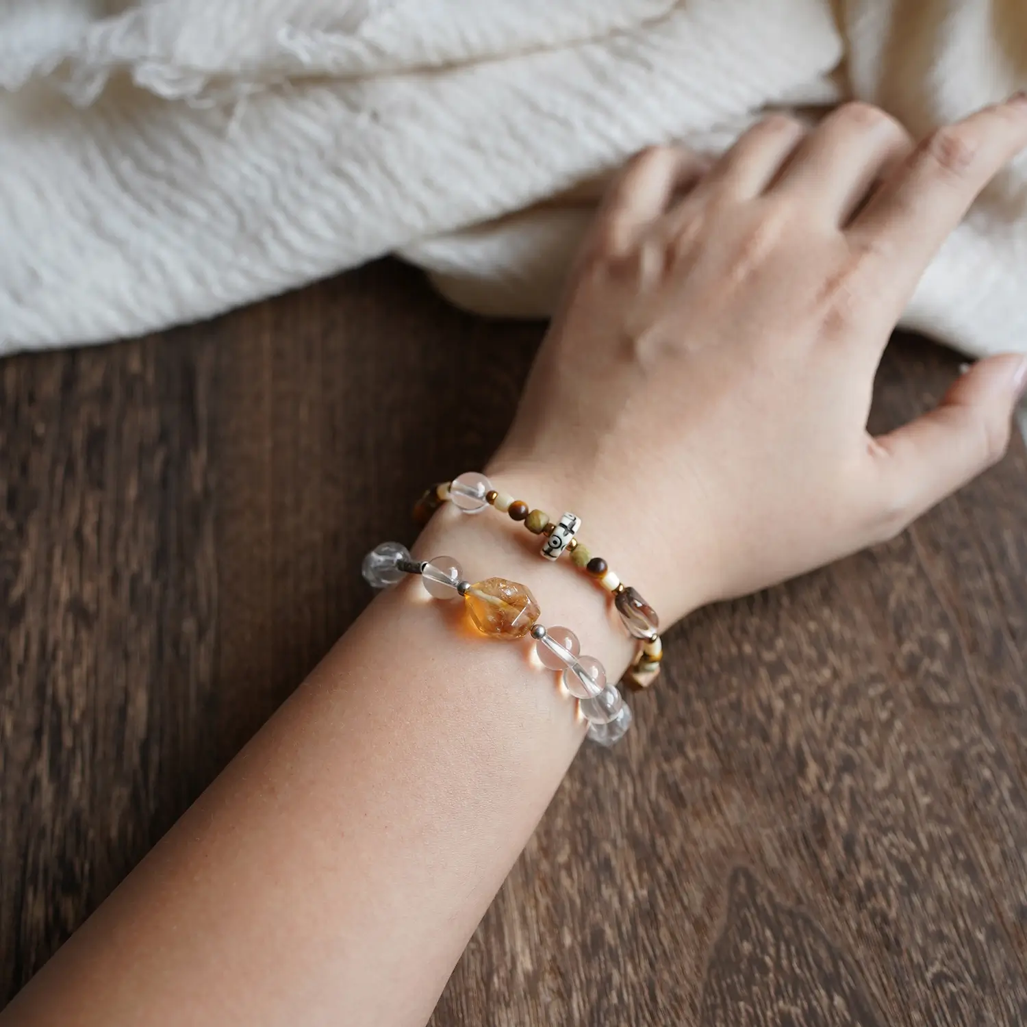 Handmade stretch beaded bracelet shown stacked for stylish everyday wear.