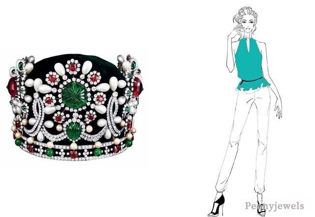 Left: Iran Queen crown; Right: Hand-painted model in blue and white outfit, illustrating the Chinese color proverb principle “Soft leans on hard” — adding white creates a playful yet refined look.