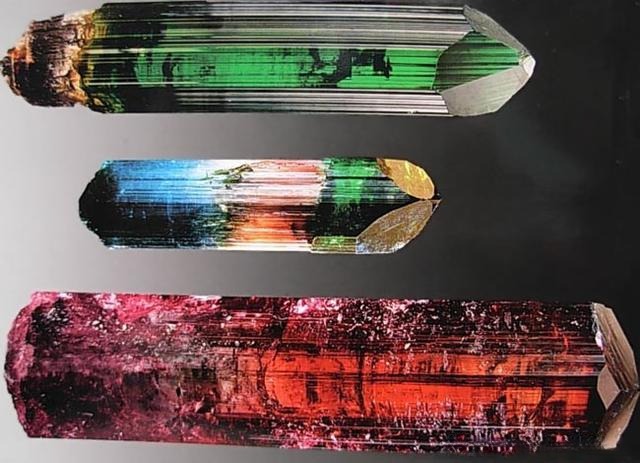 Multi-colored tourmaline crystal showing vibrant natural hues of blue, green, red, and yellow