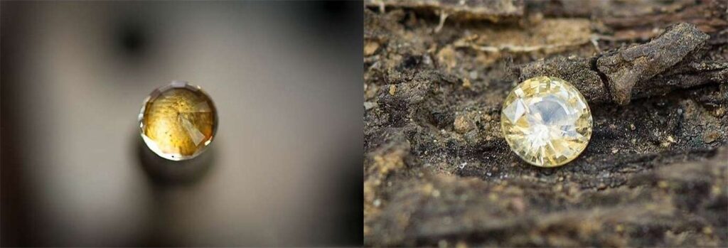 Side-by-side comparison of the polished yellow sapphire and its final setting in jewelry, illustrating the gemstone's transformation through the cutting and polishing process