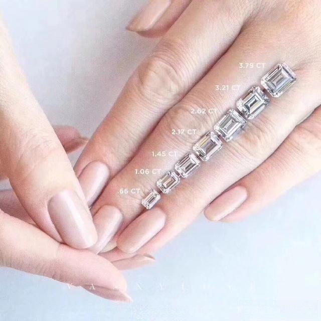 Visual guide showing how different sizes of radiant cut diamonds look when worn on the finger.