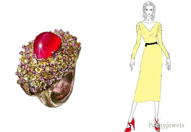 Left: Wallace Chan Starlight ruby ring; Right: Hand-painted model in yellow dress with a slender black belt instantly elevating the overall look.