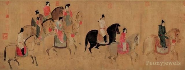 Tang Dynasty painting "Guo Furen on a Spring Outing," illustrating the prominent use of red and green for vibrant and harmonious visual effect.