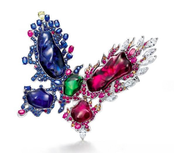 TTF tanzanite, green tourmaline, and red rubellite irregular-shaped pendant brooch with vibrant gemstones