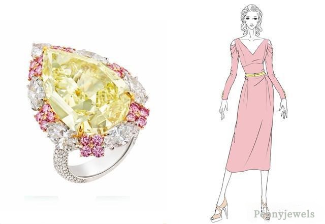 Left: Soleil yellow diamond and white gold ring by Nirav Modi; Right: Hand-painted illustration of a woman in a pink dress with a yellow belt, showing how pink and yellow complement each other to exude softness and charm.