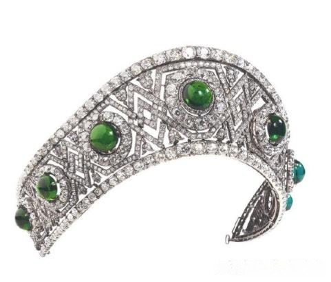 1884 Platinum and Silver Tiara with Diamonds, featuring green glass stones used to imitate emeralds. Historically owned by Grand Duchess Elizabeth Feodorovna.