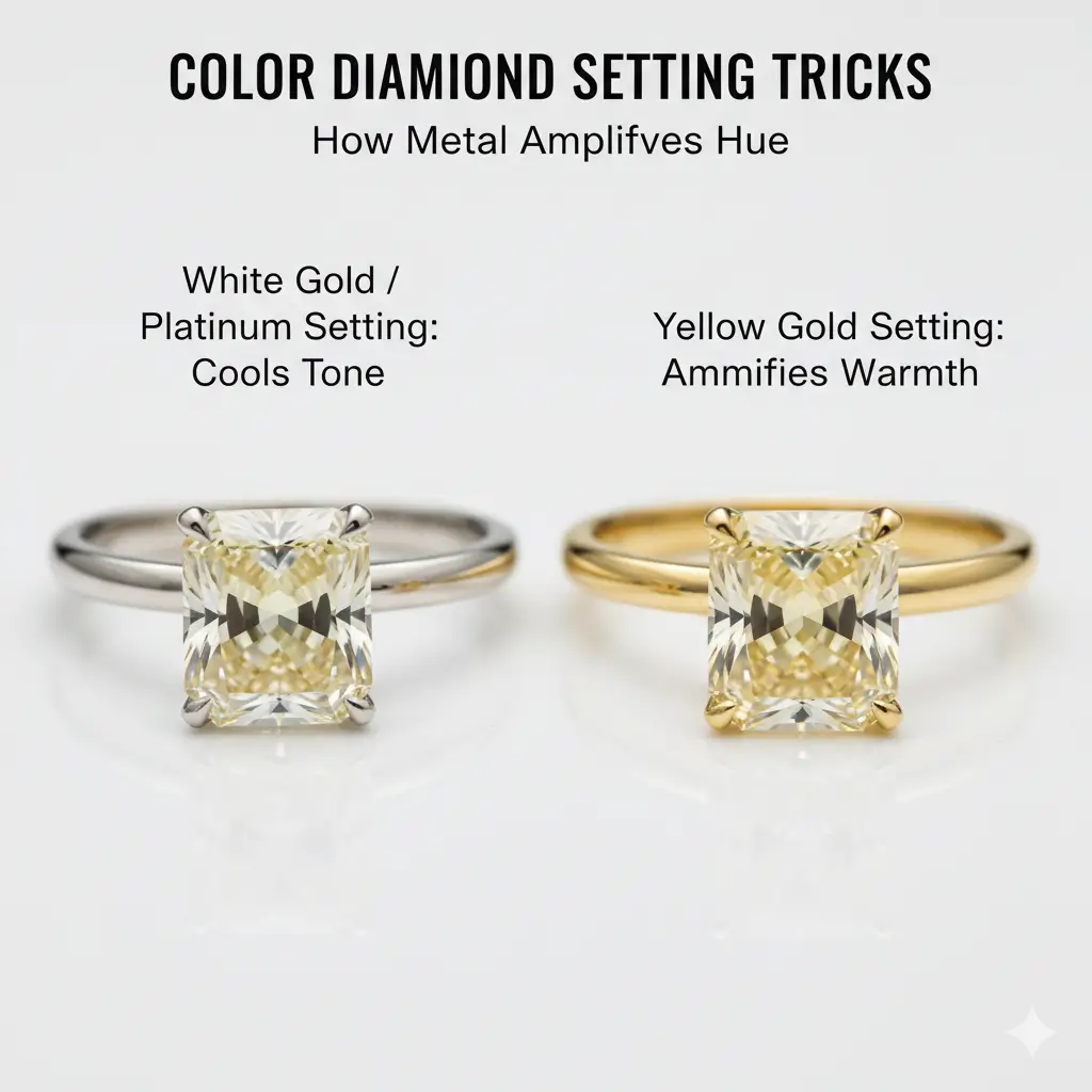 A comparison image showing the color effect of yellow diamonds in both white gold and yellow gold settings.