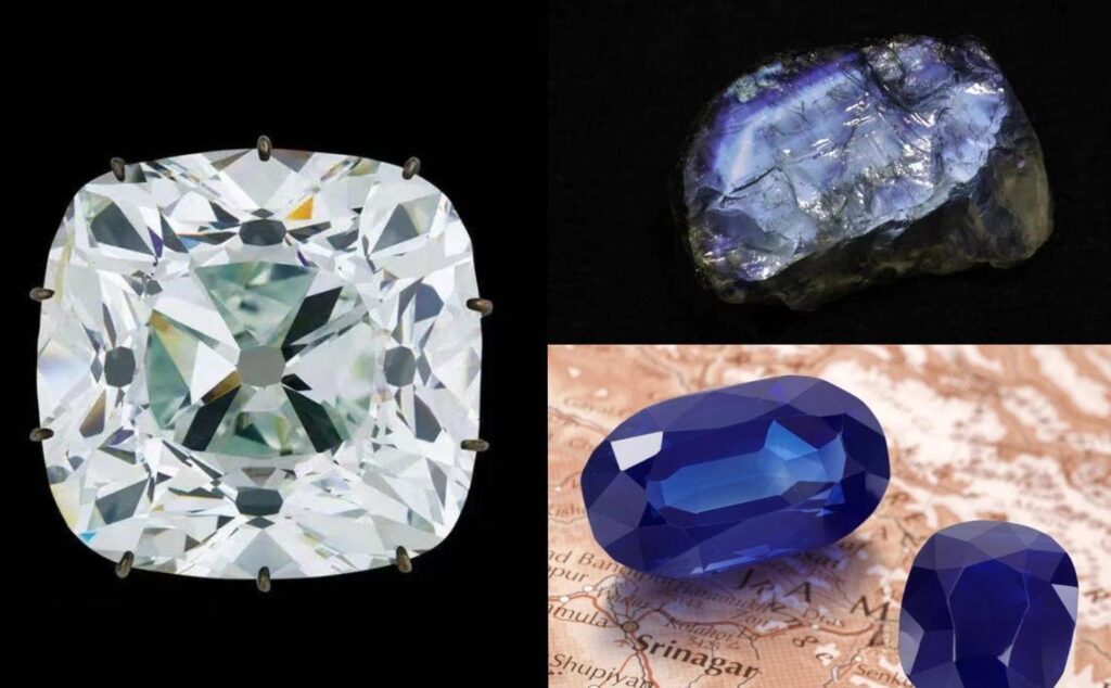 A collage showcasing India's signature gemstones, including cut diamonds, the famous Kashmir blue sapphire, and various other brilliant blue colored gems.