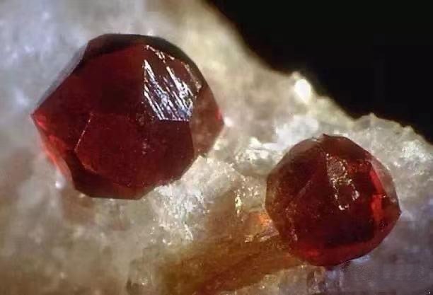 Close-up of two faceted orange-red Almandine garnets, a significant and characteristic Indian specialty gemstones variety.