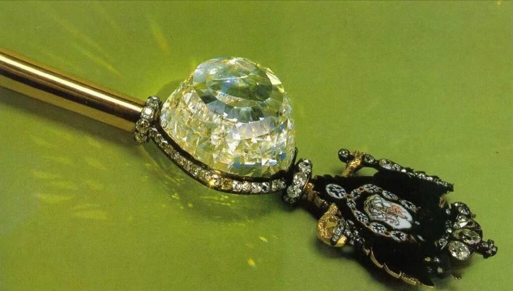 The 189.62-carat Orlov Diamond, a massive Indian rose-cut gem set prominently in the Russian Imperial Sceptre, displayed in the Kremlin.