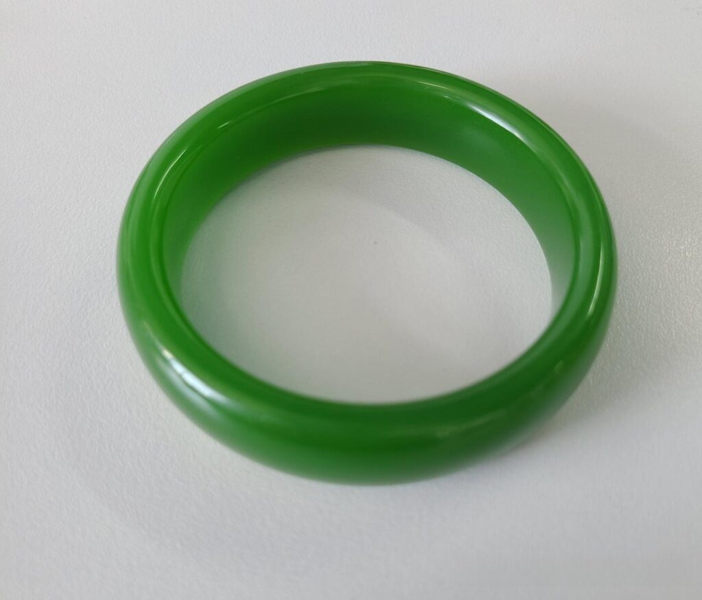Peonyjewels white emulsified glass bangle bracelet, designed to imitate the milky internal haze of Hetian Jade.