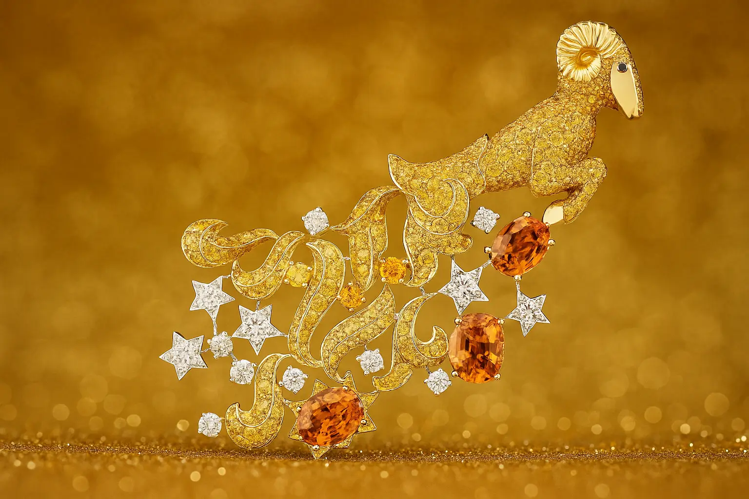 Aries zodiac jewelry featuring yellow and orange sapphires with Madagascar garnet, symbolizing vitality and bold spirit.