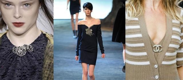 Models wearing a brooch at the center of various collar styles, from high to low necklines, showing versatile styling ideas.