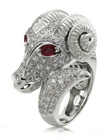 Cartier Aries zodiac ring featuring 3D ram design with pavé diamonds, showcasing architectural precision and elegant craftsmanship