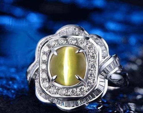 A gold or platinum solitaire ring featuring a prominent Cat's Eye Chrysoberyl, clearly displaying the sharp chatoyancy effect.