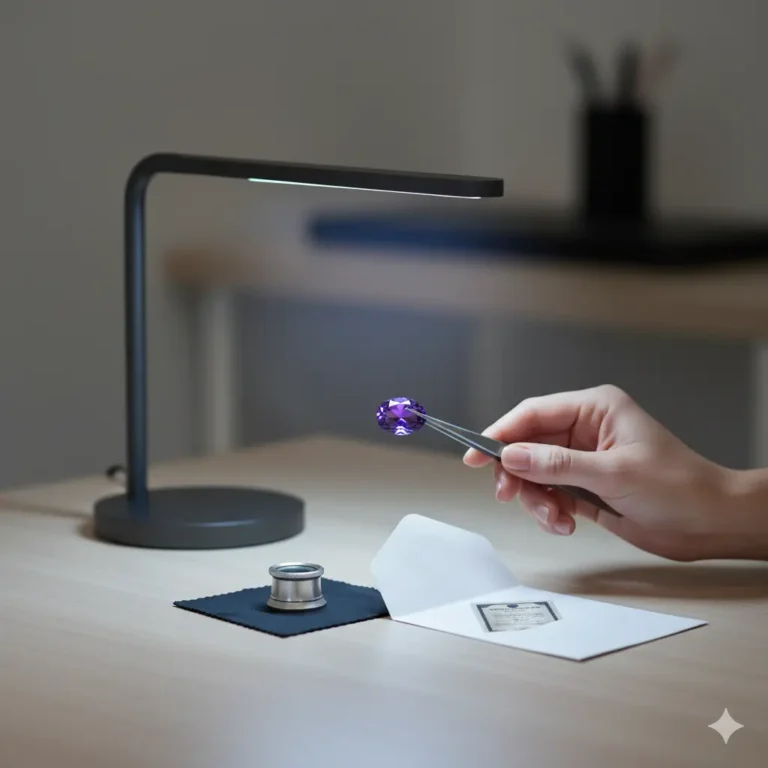 A hand uses tweezers to inspect a vibrant purple gemstone under a modern desk lamp, with a jeweler's loupe and a gem certificate nearby, symbolizing professional gemstone authentication and the buyer's knowledge.