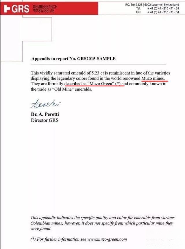 A GRS (GemResearch SwissLab) emerald certificate, showcasing their three-tier color classification, including the Vivid Green* grade.