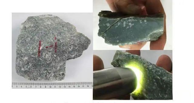 Comparison photograph showing a piece of rough, raw tremolite-actinolite jade material from Guangxi Province next to a polished, cut section to reveal its texture and color.