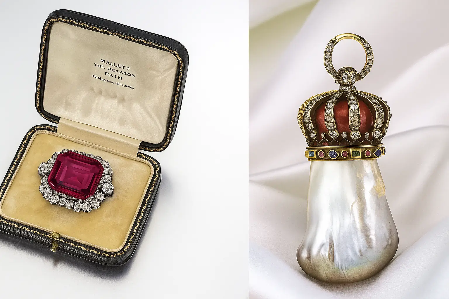 The Hope Spinel and Hope Pearl displayed side by side, showcasing their timeless beauty and historic elegance.