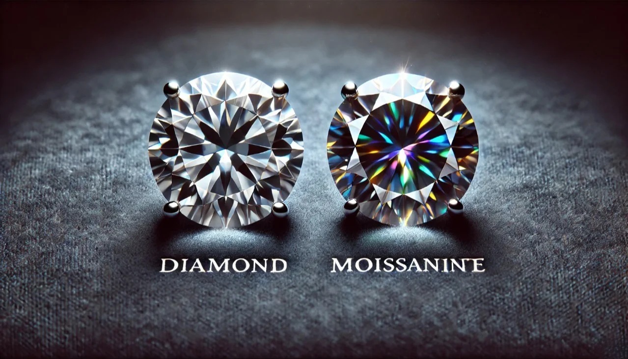 Close-up comparison of moissanite and diamond showing brilliance and color differences for gemstone identification.