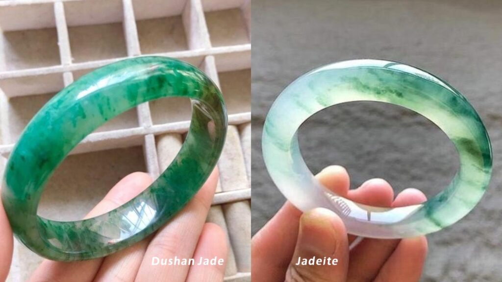 Comparison of two green bangles, highlighting how the Dushan Jade bangle has less vibrant and pure green color than the Jadeite bangle.