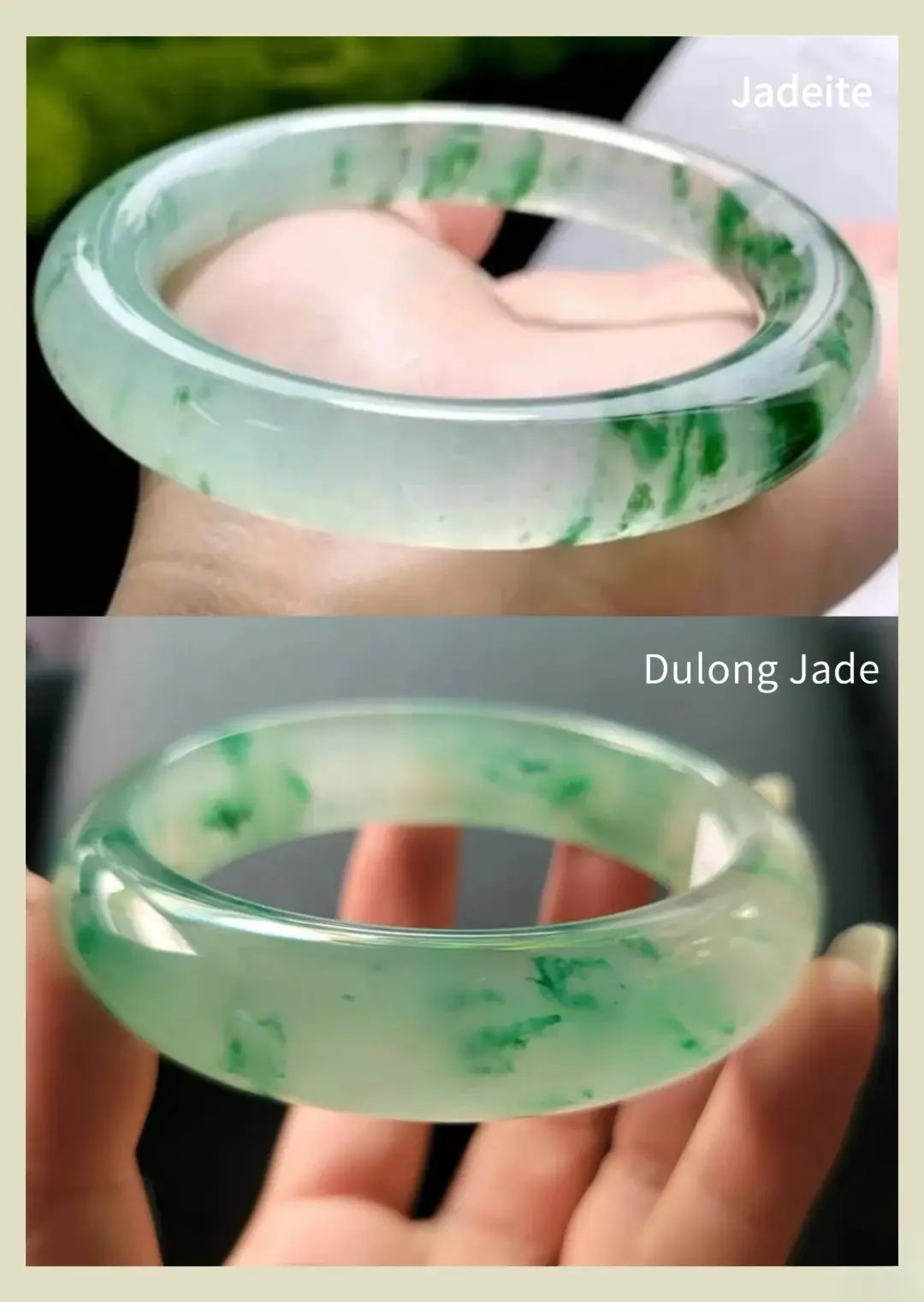 Jadeite vs Dulong Jade Bangle Comparison - At first glance, this white-base green patterned stone may resemble ice jade or glutinous jade, but their internal structure and optical properties are very different.