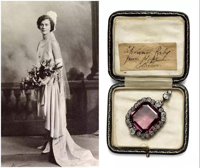Lady Mount Stephen with the Hope Spinel at the 1917 Christie’s auction, showcasing the legendary gemstone.