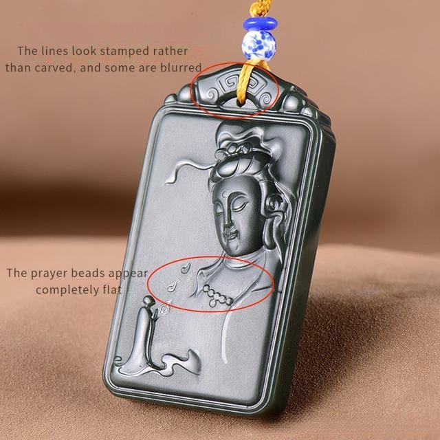 Machine-carved Buddha jade pendant where computer-controlled tools may not adapt to subtle depth variations, resulting in blurred or incomplete lines.