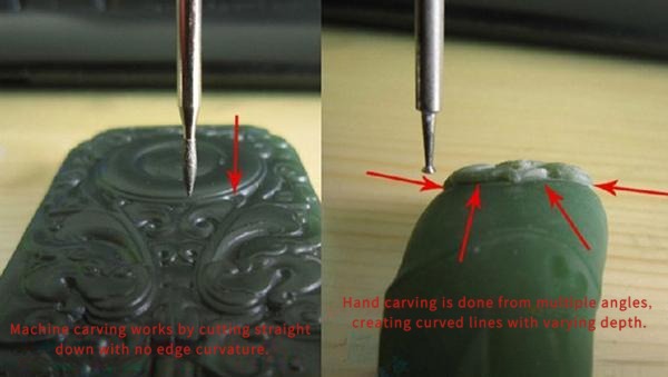 Comparison of jade carving edges: machine-carved jade with straight, rigid lines versus hand-carved jade with natural, curved edges.