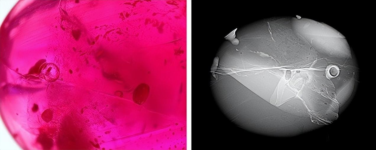 Microscopic view of a Burmese Star Ruby fracture, where the Bismuth Glass filler material is clearly visible, confirming heavy treatment.