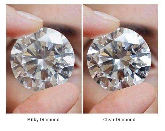 Comparison of a milky diamond and a clear diamond showing difference in clarity and brilliance