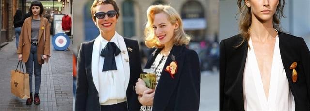 Model wearing a statement brooch on the coat lapel, showcasing bold and avant-garde fashion style.