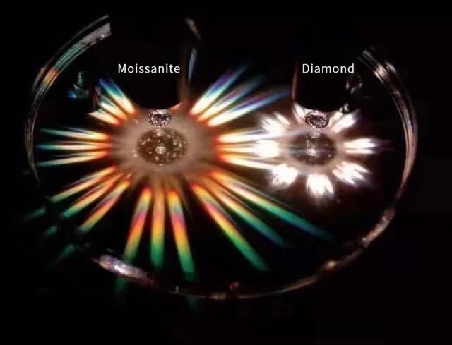 Comparison of moissanite and diamond showing moissanite’s stronger fire and brilliance under the same lighting.