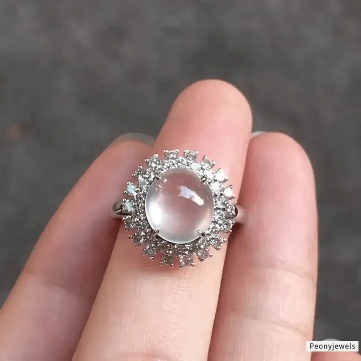 Peonyjewels custom glass jadeite silver ring with sparkling, translucent zircon accents