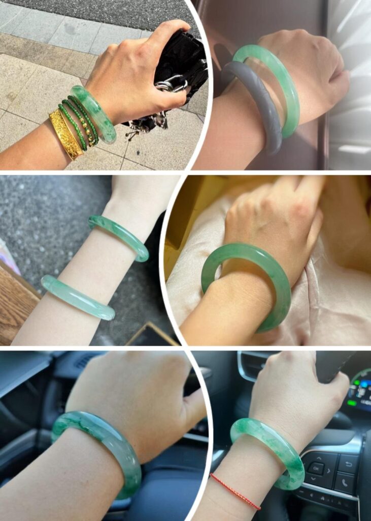 Peonyjewels custom jade bangle worn daily, showcasing its elegant design and natural green tones.