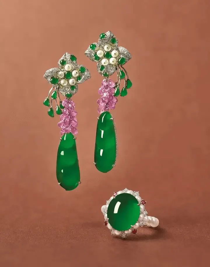 Peonyjewels custom jadeite jewelry set featuring matching earrings and ring, elegant and handcrafted