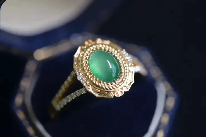 Peonyjewels custom jadeite ring with sparkling zircon accents on a metal band