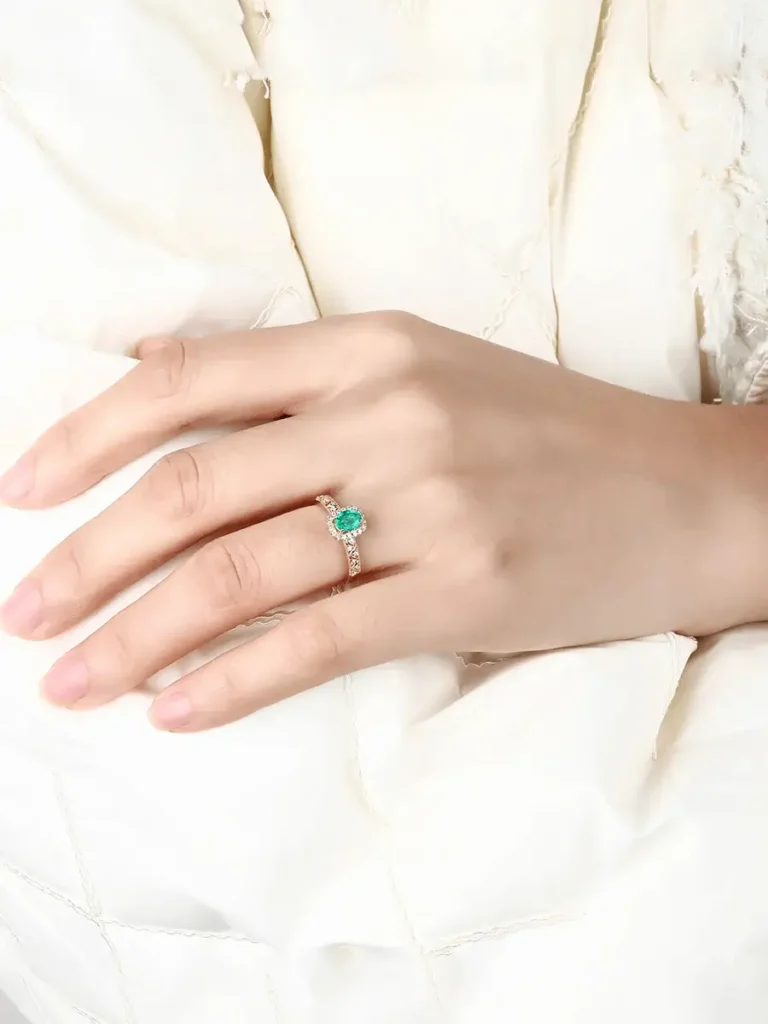 Worn PeonyJewels Natural Emerald Women's Ring: 18k gold setting features natural diamonds, and we provide the certificate.