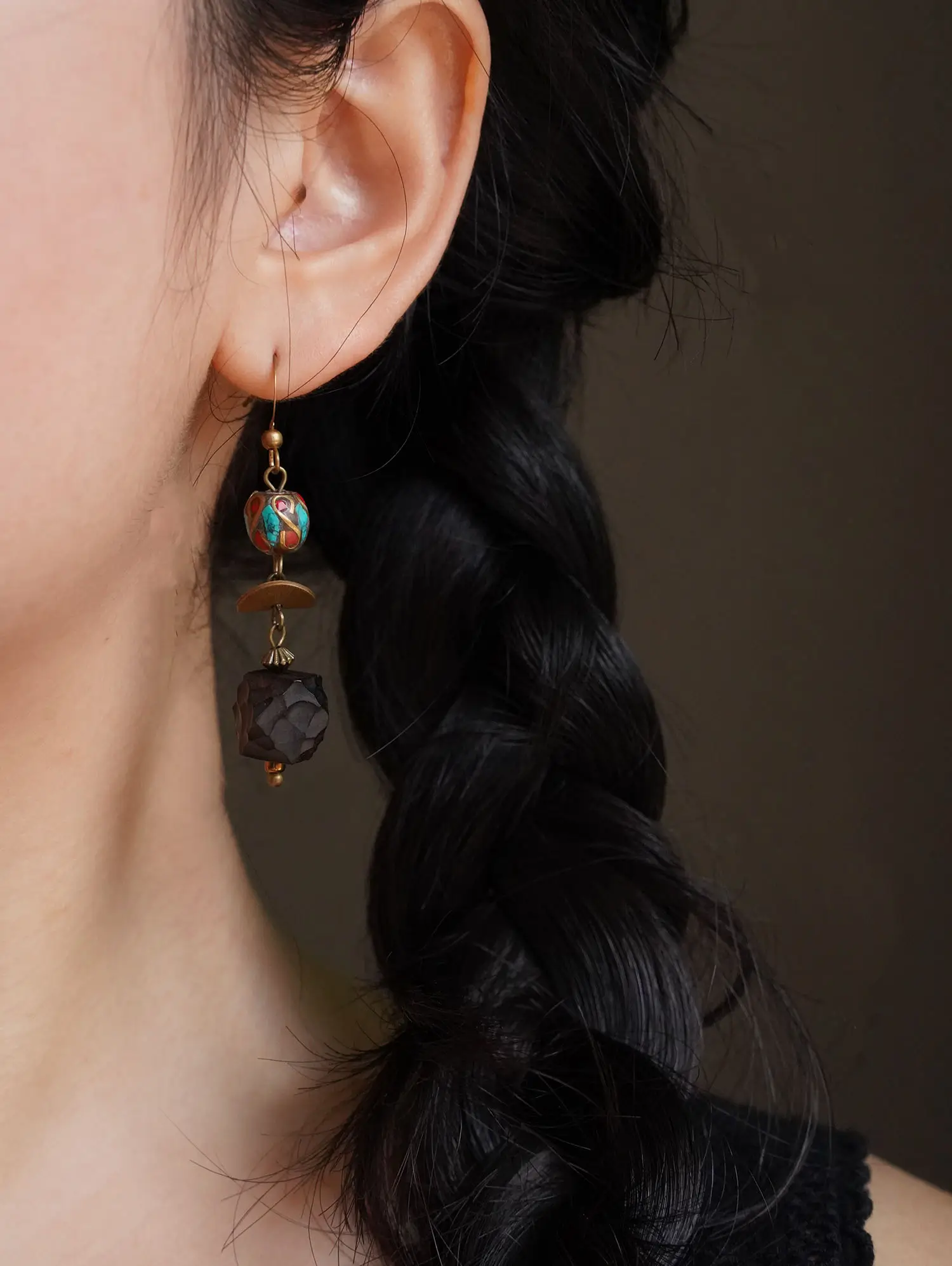 Handmade, vintage-inspired ebony earrings from PeonyJewels, featuring dark wood and intricate hand-stringing details.