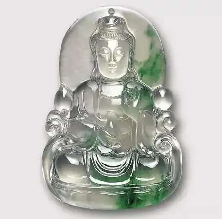 Peonyjewels jadeite Guanyin pendant with rigid steel-like luster, finely crystalline and polished
