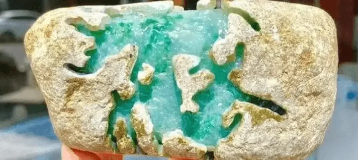 Jadeite rough with partially exposed interior, revealing some texture and water, while some sections remain hidden under the skin.