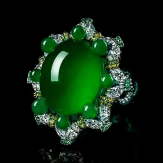 Peonyjewels jadeite ring in spicy green with high color saturation and strong visual impact, see Jadeite Buying Guide