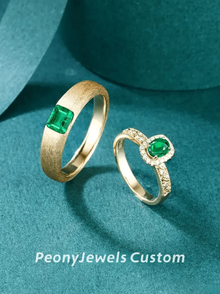 PeonyJewels Certified Couple Rings: We set these natural emerald and diamond rings in 18k gold and provide a certified appraisal for your complete assurance.
