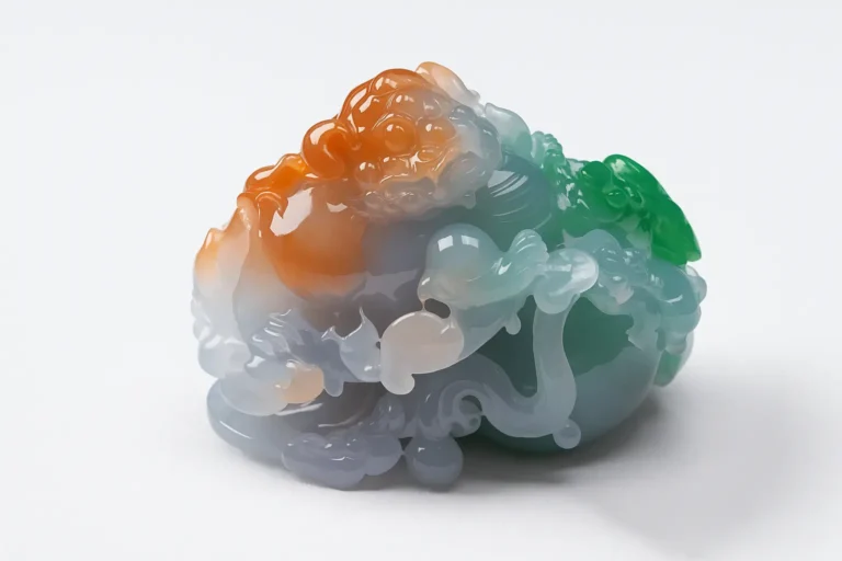 Tricolor jadeite Fu Lu Shou carving by Peonyjewels, showcasing green, yellow, and purple hues in detailed craftsmanship.