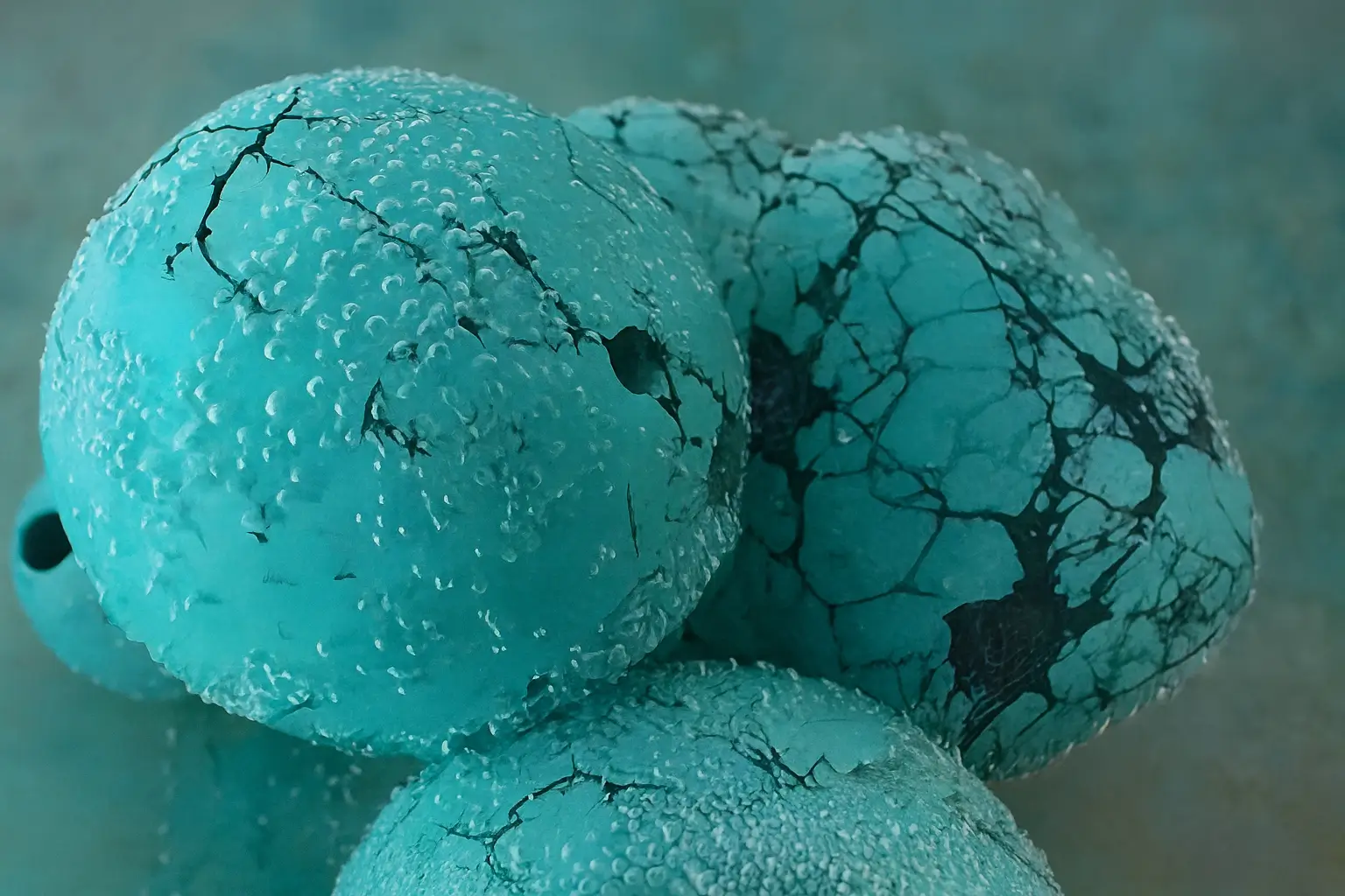 Low-density turquoise stones saturated with adsorbed water, temporarily showing a richer color and improved luster before evaporation causes them to fade and become dull.
