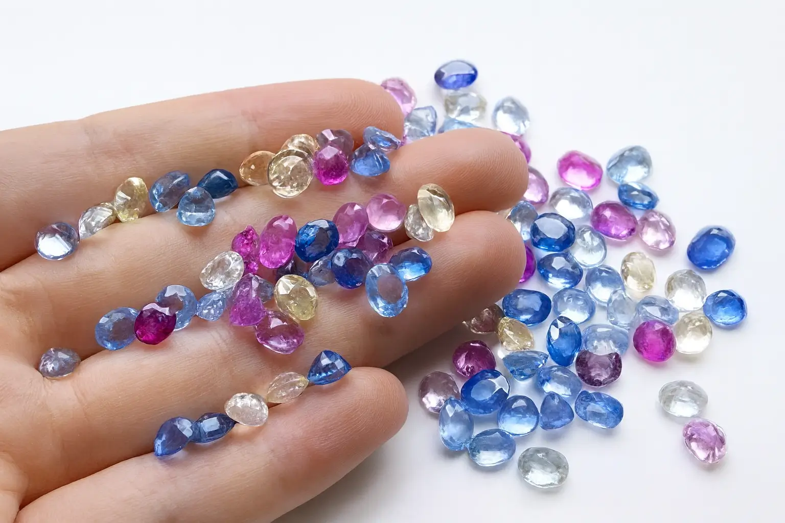 A collection of vibrant, heat-treated Chinese Shandong Gemstones (Chang Le Sapphires) displaying blue, yellow, and green hues.