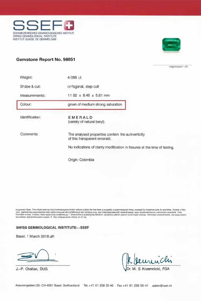 A sample SSEF report for an emerald, focusing on the color description based on saturation levels (e.g., Medium Strong Saturation).