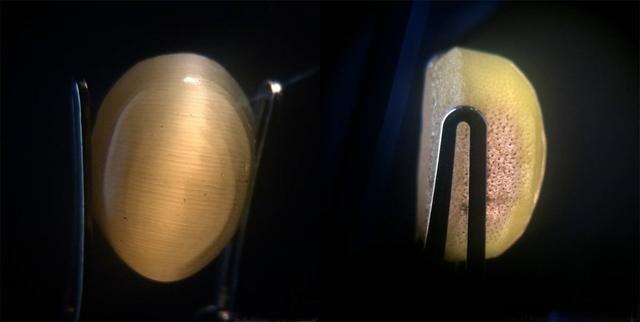 Synthetic cat’s eye gemstone formed by heating and fusing fine fibrous materials into parallel inclusions