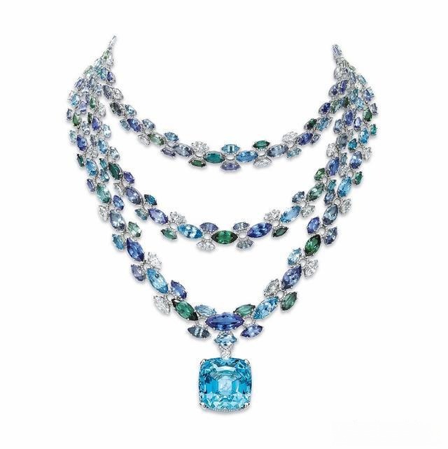 The Tiffany & Co. Blue Book Collection gemstone and platinum high jewelry necklace, showcasing the stone's elegant blue hue and luxurious craftsmanship.
